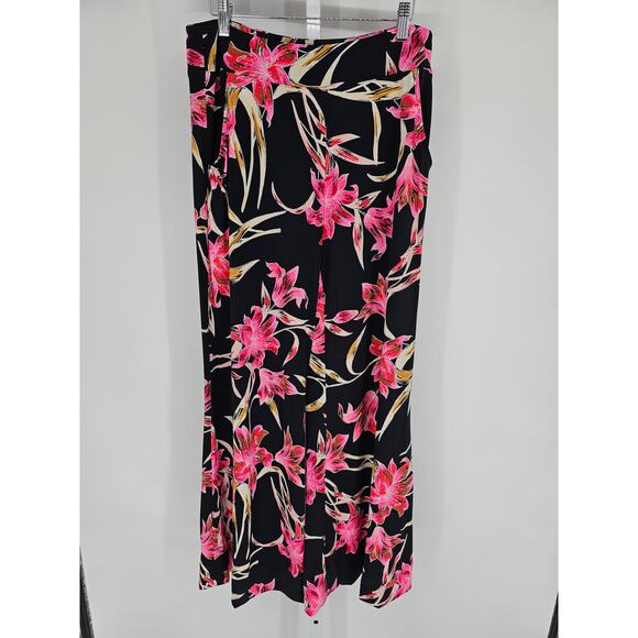 Joseph Ribkoff Womens Sz 10 Wide Leg Pull On Dress Pants Black w/ Pink Floral - Picture 1 of 4